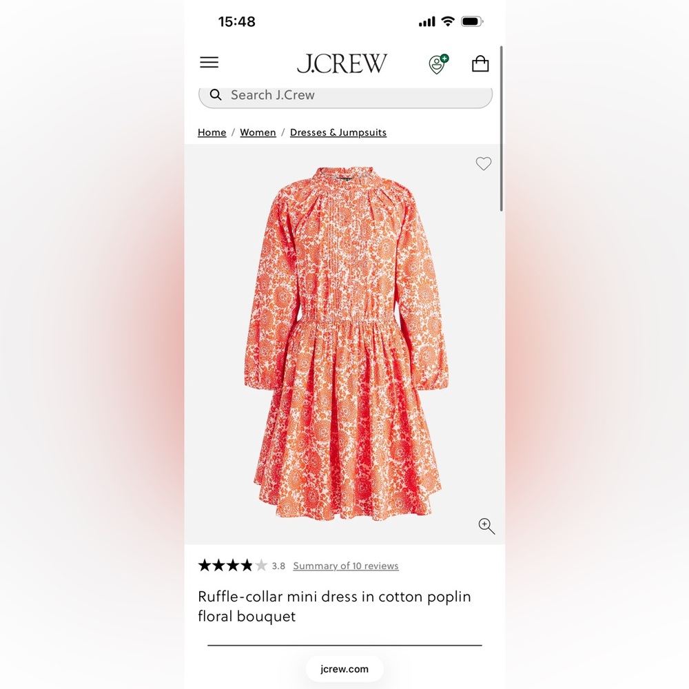 J.Crew Ruffle Collar Mini Long Sleeve Dress Cotton Poplin Orange Print Size L - Picture 6 of 6